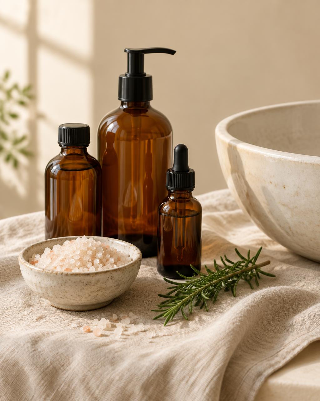 Bath salts and glass bottles on linen